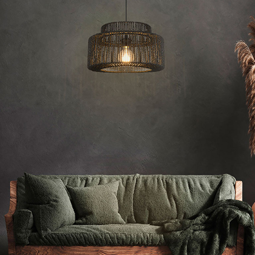 Hand-Woven Rattan Drum Pendant Light Black Metal Farmhouse Ceiling Fixture E27 Hanging Lamp for Dining Room Kitchen Island Bedroom | Lonoma