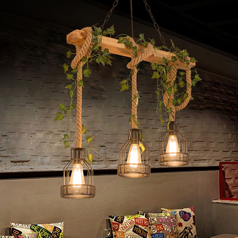 Rustic Wood Beam Chandelier with Metal Caged Shades for Dining Room & Kitchen Island, 3 or 5 Lights, Hardwired Ceiling Fixture | Lonoma