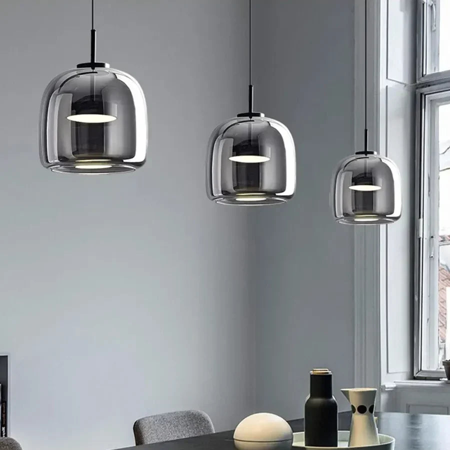 Glass Pendant Light, Adjustable Height Hanging Lamp in Cognac or Smoke Gray for Kitchen Island, Dining Table, Bedroom, Modern Nordic Decor | Lonoma