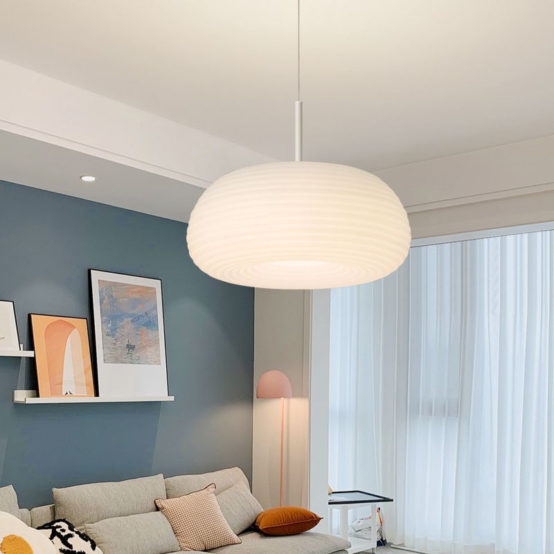 White Acrylic Drum Pendant Light with Dimmable LED, Adjustable Height Hanging Ceiling Fixture for Dining Room Kitchen Bedroom | Lonoma