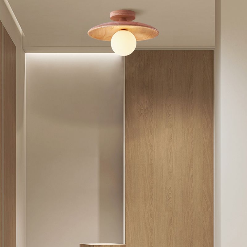 Flush Mount Ceiling Light with Dome Glass Shade Wood Base Modern Oaki Style for Kitchen Bedroom Hallway Entryway Indoor Hardwired G9 LED | Lonoma