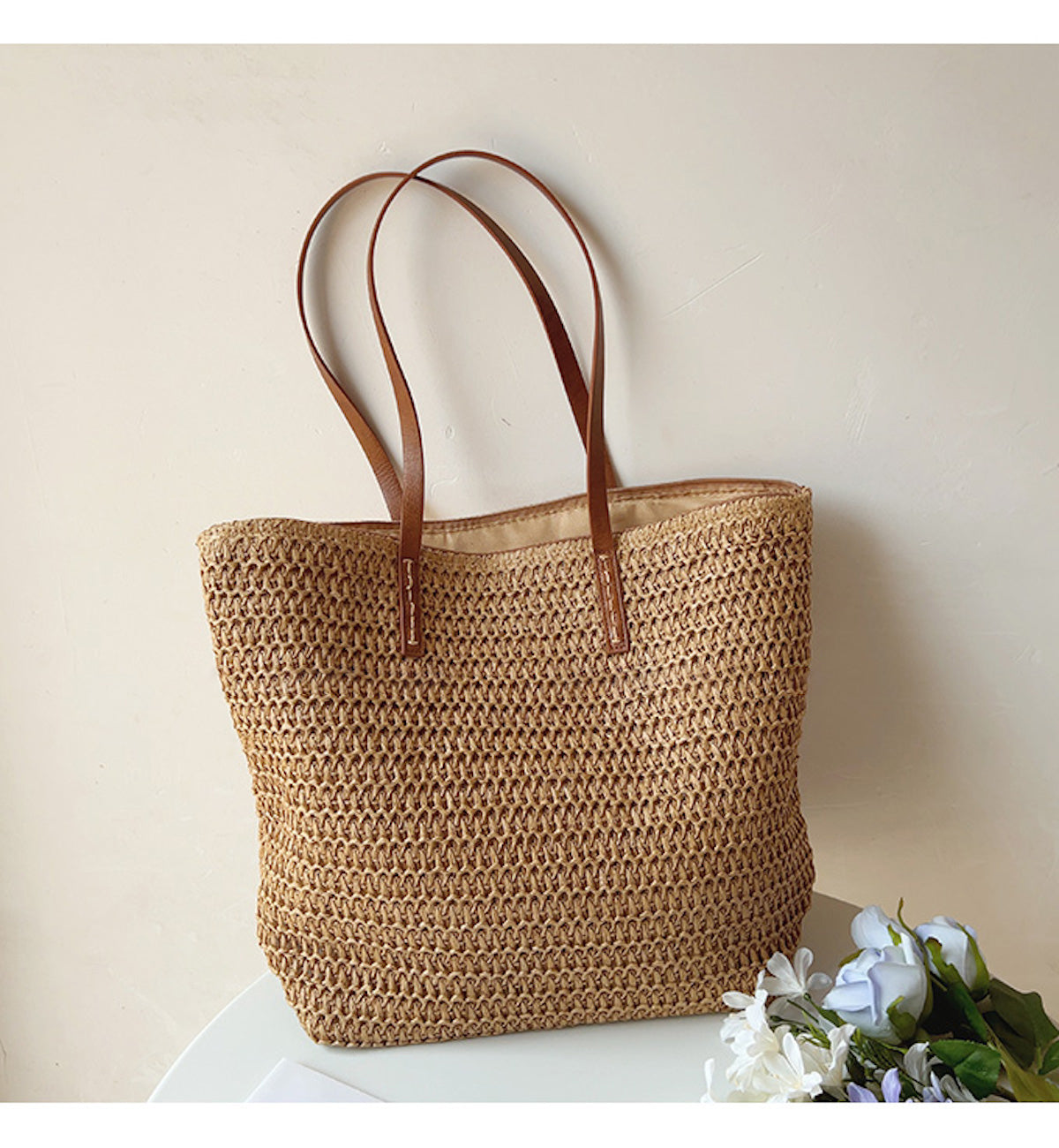 Woven Wicker Market Basket Bag with Leather Handles and Zip Pocket, 12 x 13 in Handbag for Farmers Market, Beach and Town | Lonoma