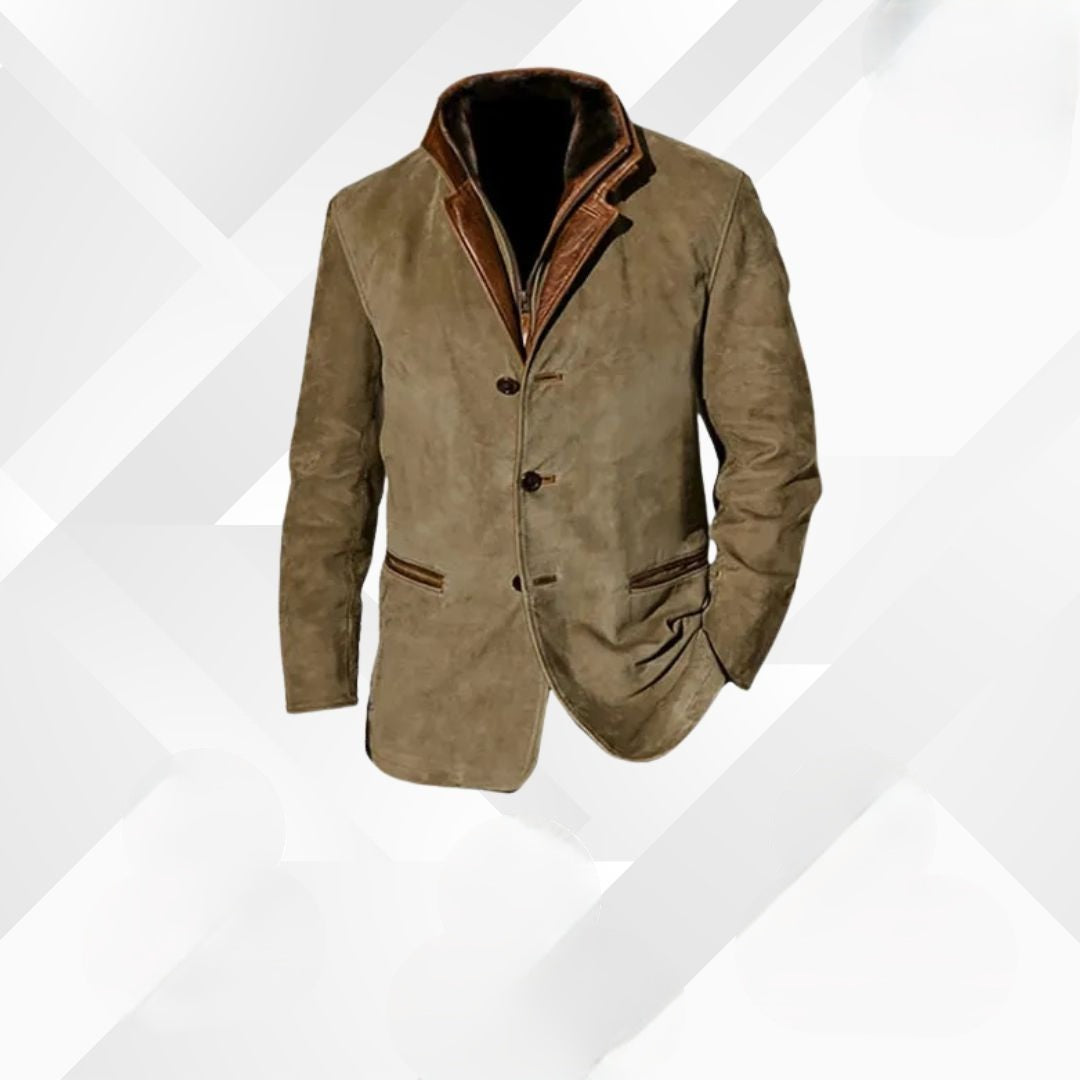 Men's Suede Blazer Jacket Two-Button Sport Coat with Leather Trim Details for Fall | Lonoma