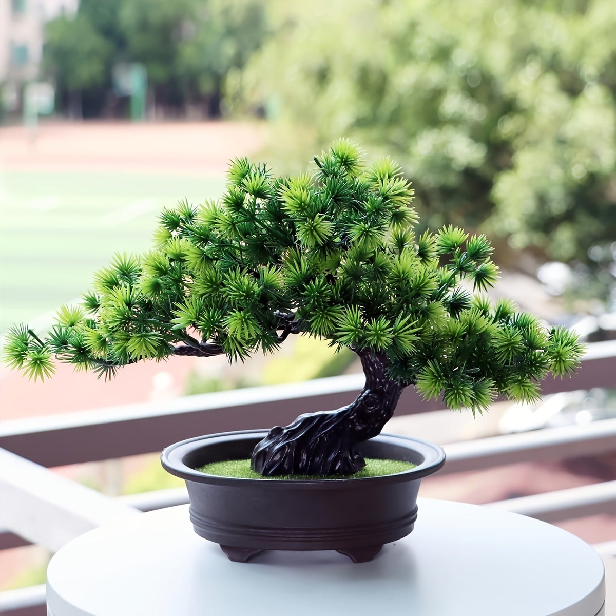 Artificial Bonsai Tree 9.5 Inch Desk Décor with Black Pot | Lifelike Greenery for Home Office Living Room | No Maintenance Faux Plant | Lonoma