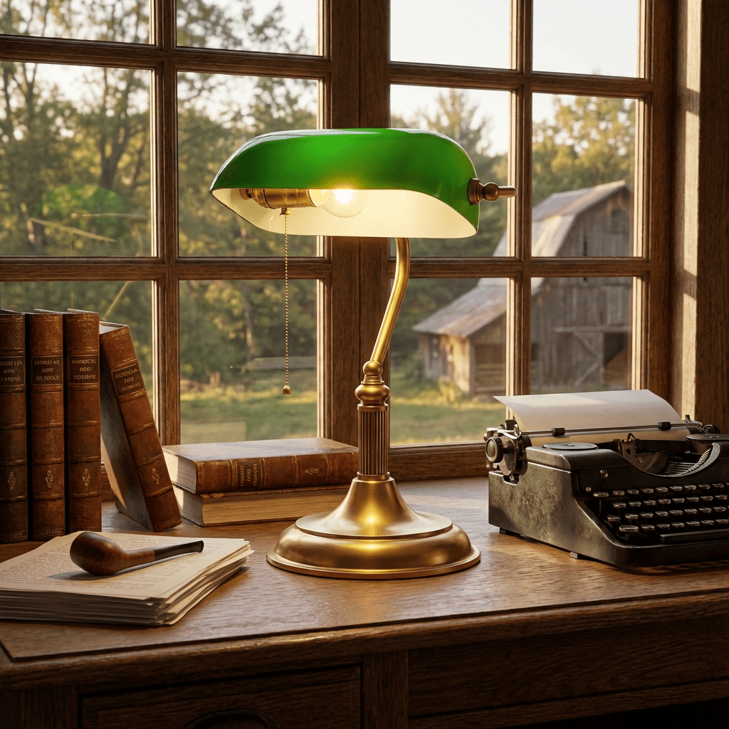Classic Banker Desk Lamp with Green Glass Shade — Traditional Vintage Style Brass Table Light for Home Office, Library, Study, Bedroom | Lonoma