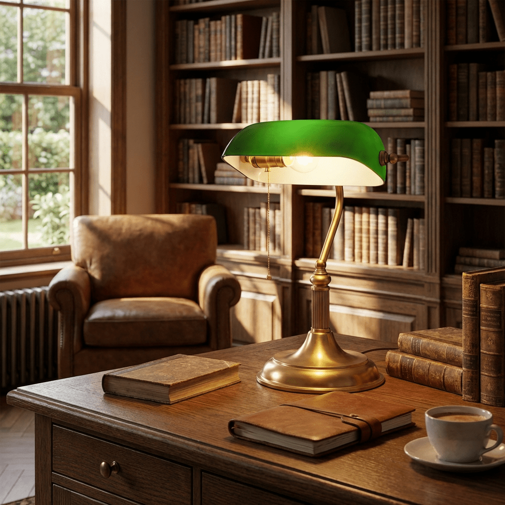 Classic Banker Desk Lamp with Green Glass Shade — Traditional Vintage Style Brass Table Light for Home Office, Library, Study, Bedroom | Lonoma