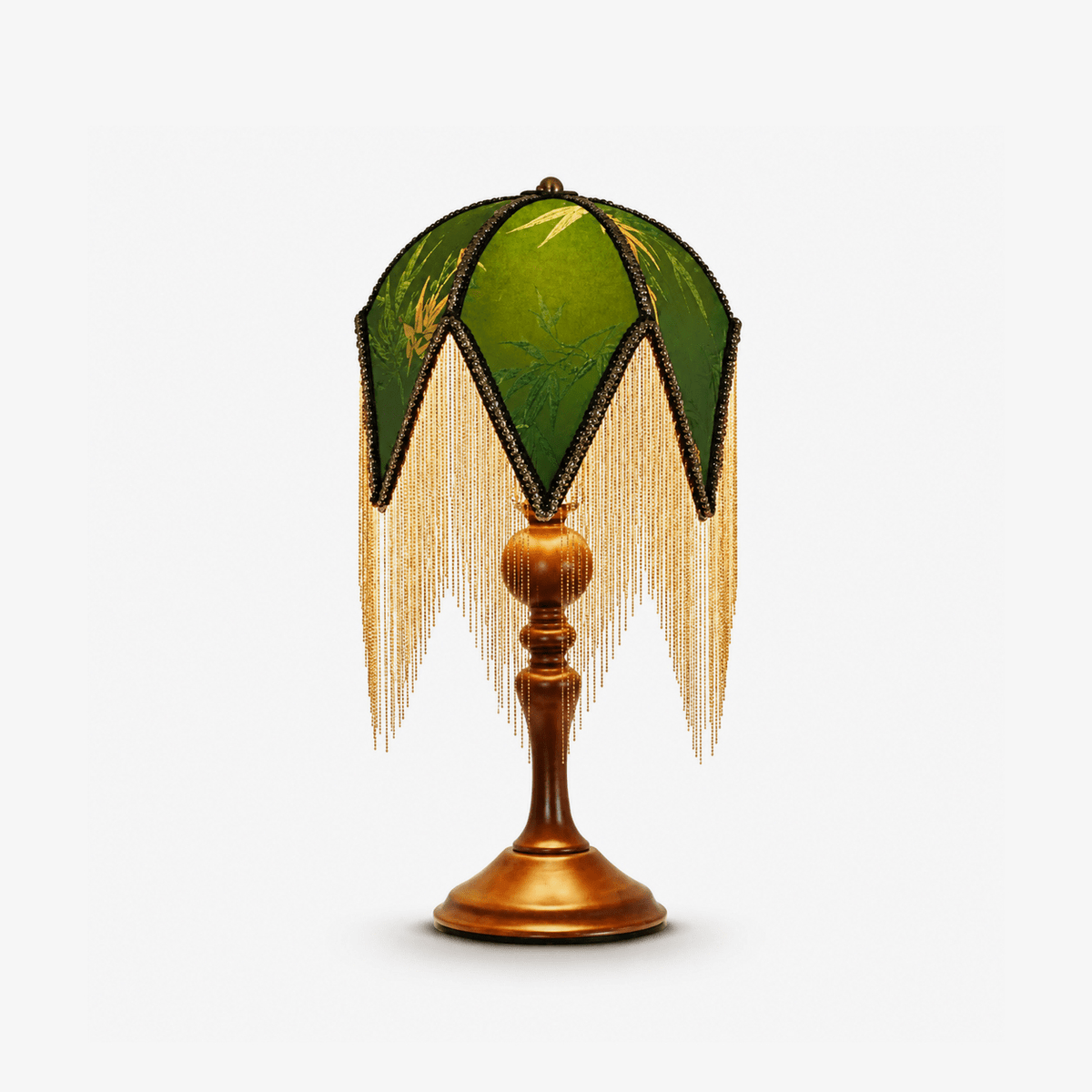 Bohemian Fringe Table Lamp with Green Botanical Shade 7.9 in Walnut Wood Base E27 Socket Victorian Bedside Accent Light for Bedroom | Lonoma
