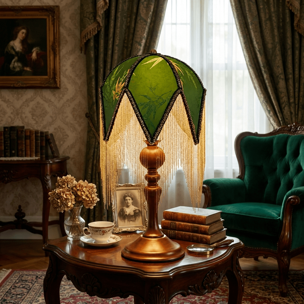 Bohemian Fringe Table Lamp with Green Botanical Shade 7.9 in Walnut Wood Base E27 Socket Victorian Bedside Accent Light for Bedroom | Lonoma
