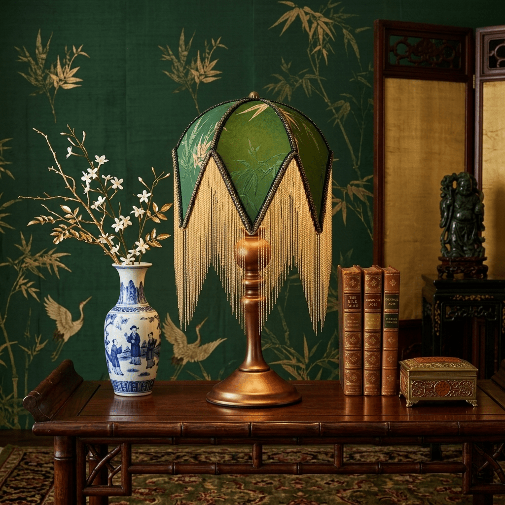 Bohemian Fringe Table Lamp with Green Botanical Shade 7.9 in Walnut Wood Base E27 Socket Victorian Bedside Accent Light for Bedroom | Lonoma