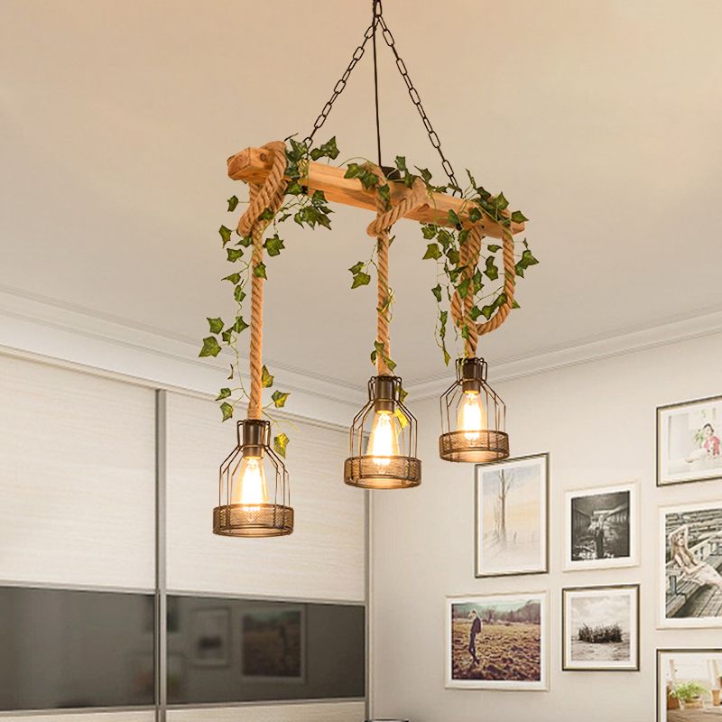 Rustic Wood Beam Chandelier with Metal Caged Shades for Dining Room & Kitchen Island, 3 or 5 Lights, Hardwired Ceiling Fixture | Lonoma