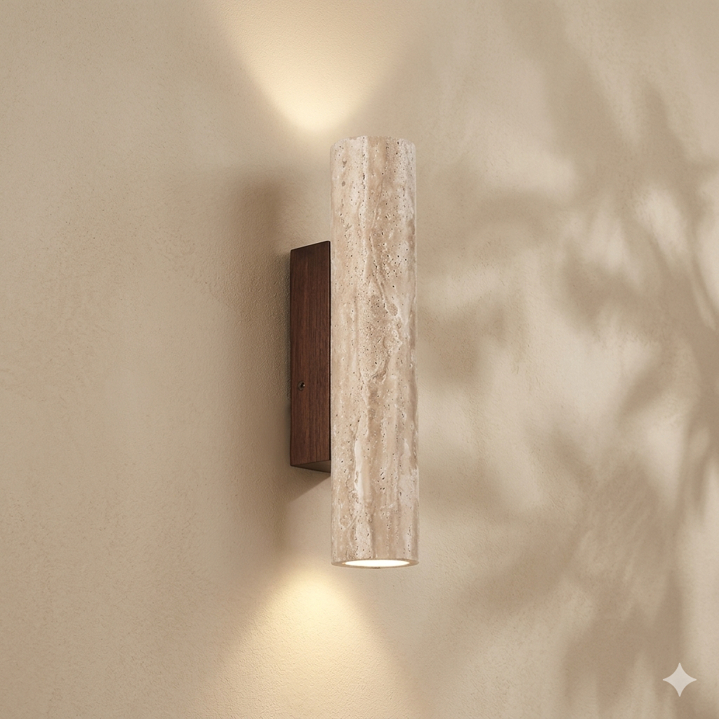 Travertine Wall Sconce with Integrated LED, Natural Stone Wall Light for Bedroom, Living Room, Hallway & Entryway, Warm Ambient Lighting | Lonoma