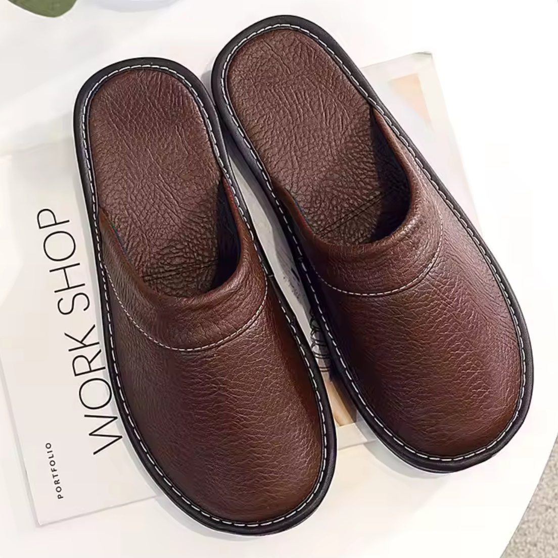 Cushioned Slip-On Slippers for Men Faux Leather Indoor Mules with Padded Footbed for Home Lounging All-Day Comfort | Lonoma