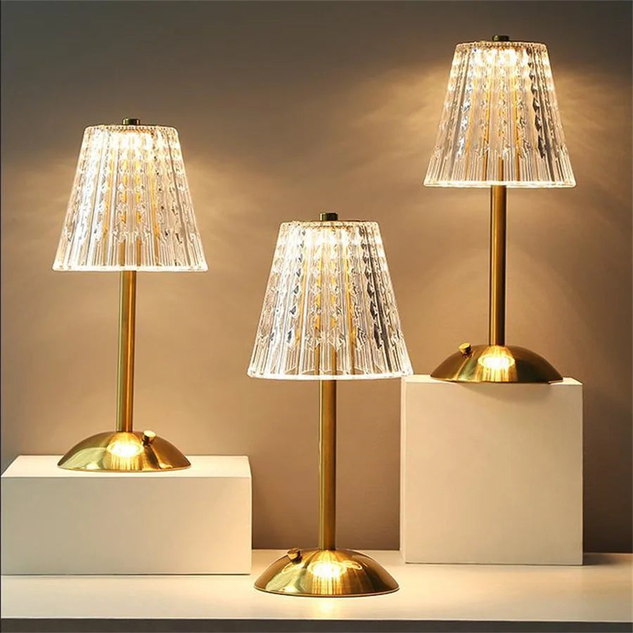 Touch Control Cordless Table Lamp, Dimmable LED Gold Crystal Acrylic Nightstand Lamp, USB-C Rechargeable Bedroom Living Room Desk Light | Lonoma