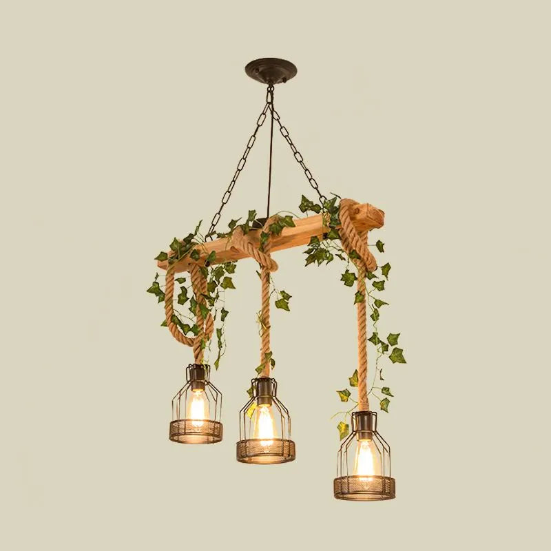 Rustic Wood Beam Chandelier with Metal Caged Shades for Dining Room & Kitchen Island, 3 or 5 Lights, Hardwired Ceiling Fixture | Lonoma