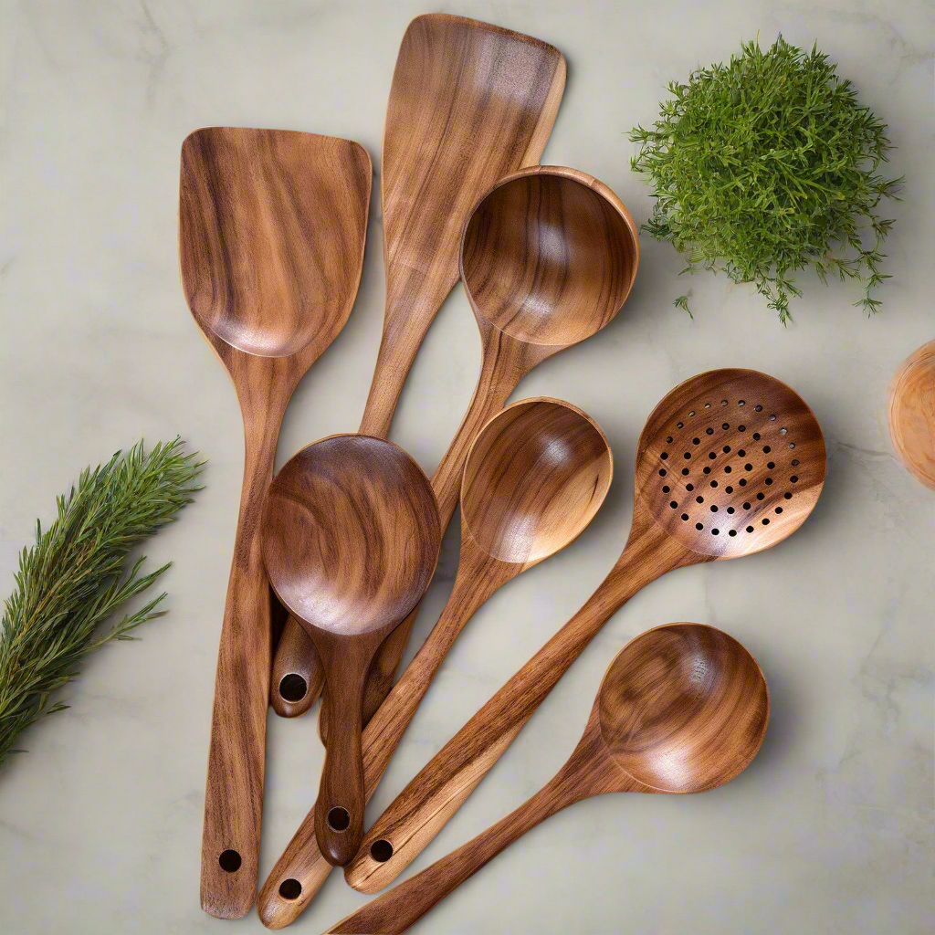 Wooden Cooking Utensil Set – Natural Teak Spoons & Spatulas for Nonstick Pans – Kitchen Tool Set with Antibacterial Wood – 4 to 9 Piece | Lonoma