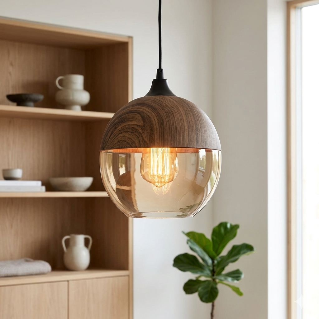 Pendant Light with Tinted Glass Shade and Wood-Look Metal, Adjustable Scandinavian Hanging Lamp for Dining Table, Living Room, Kitchen | Lonoma