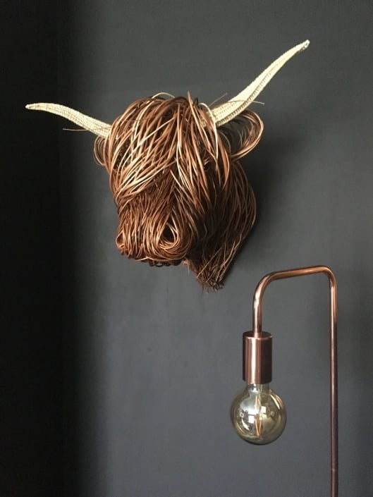 Highland Cow Wall Decor, Handwoven Rattan Wall Hanging 25 x 21 in, Rustic Boho Farmhouse Animal Head Sculpture for Living Room | Lonoma