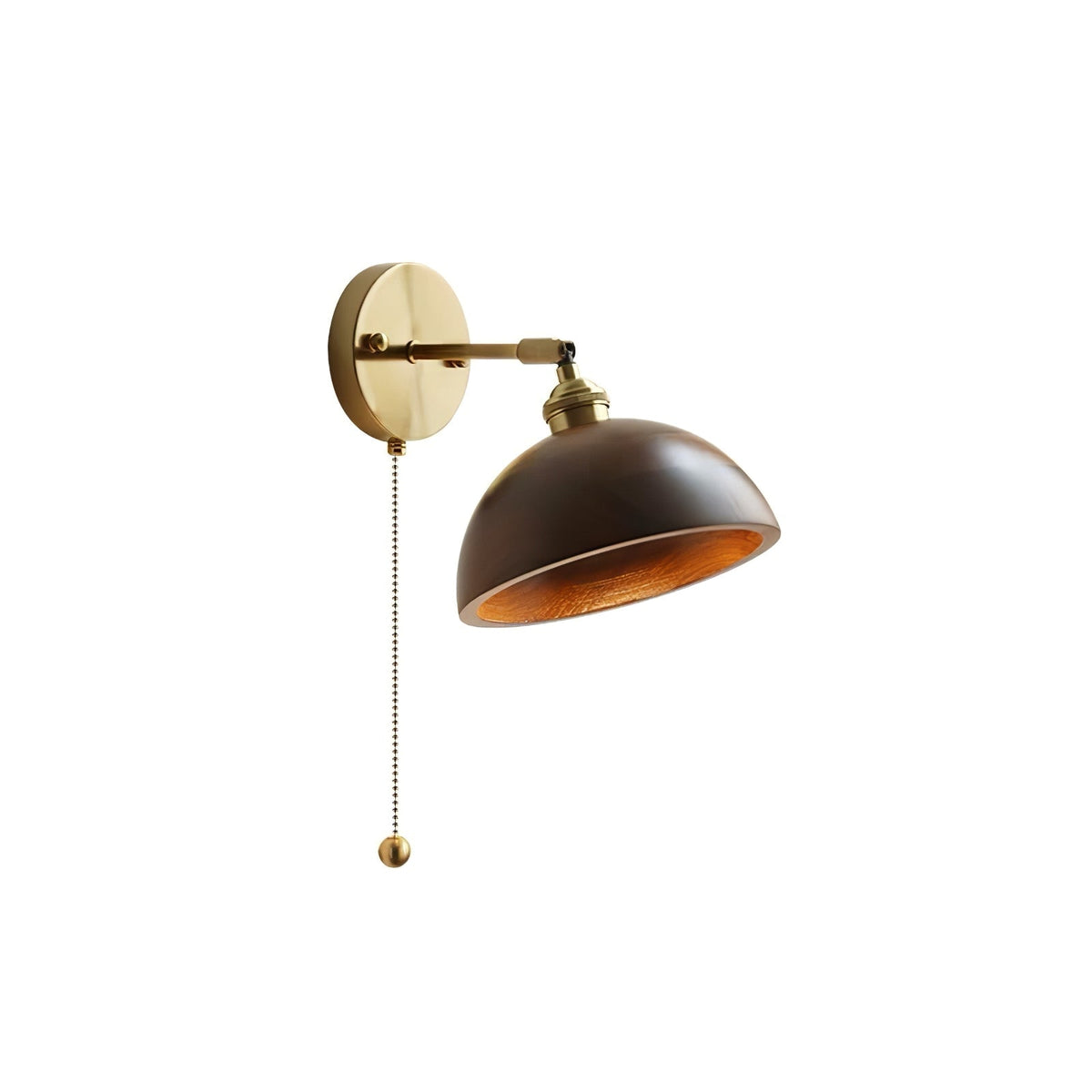 Wood Wall Sconce with Dome Shade and Pull Chain Switch for Bedroom, Living Room, Dining Room – Brass Walnut Farmhouse Accent Lighting Fixture | Lonoma