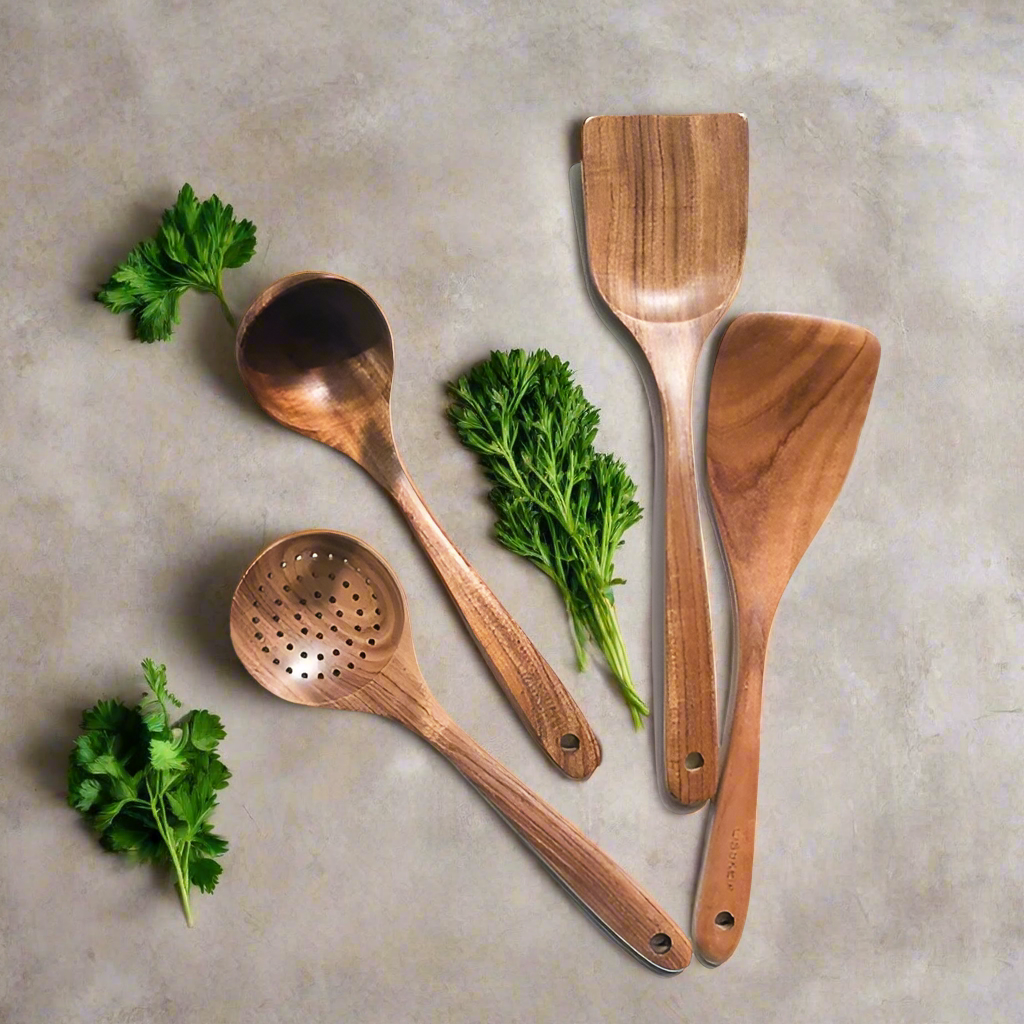 Wooden Cooking Utensil Set – Natural Teak Spoons & Spatulas for Nonstick Pans – Kitchen Tool Set with Antibacterial Wood – 4 to 9 Piece | Lonoma