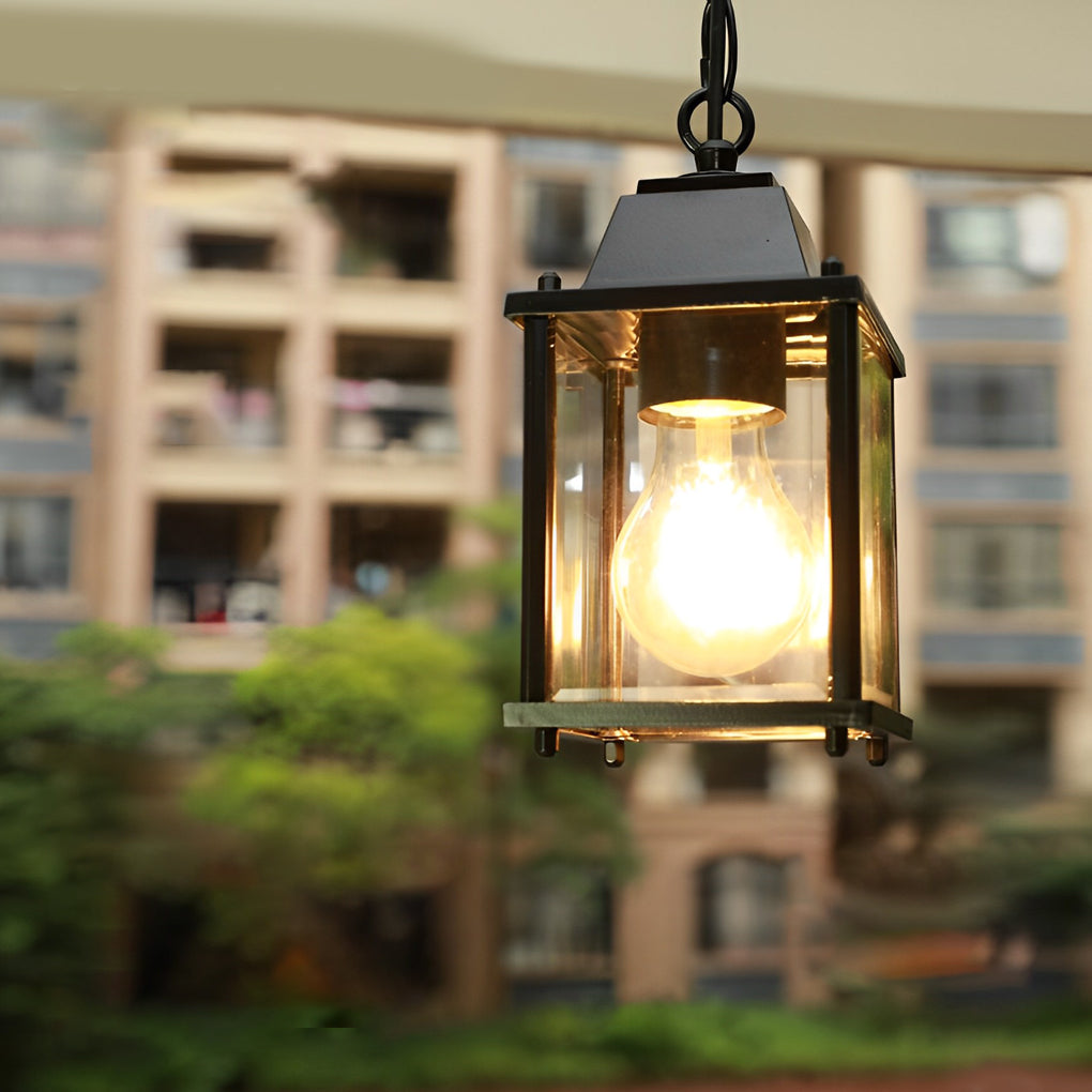 Outdoor Hanging Lantern Black Aluminum Glass Square Pendant Light for Porch Patio Garden Balcony Weather Resistant Exterior Lighting Fixture | Lonoma