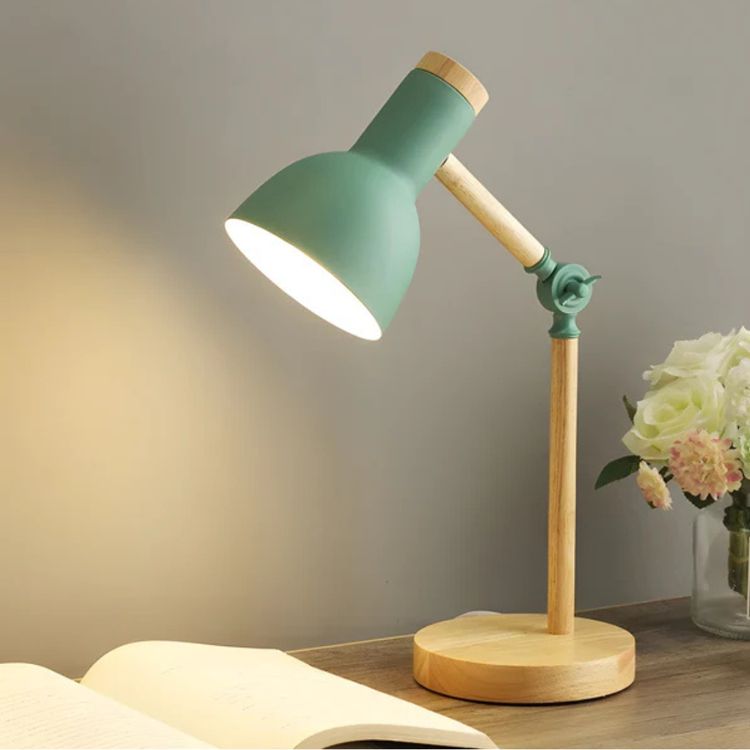 Adjustable Desk Lamp with Wood Base and Metal Shade – LED Task Light for Office, Bedroom, and Study | Lonoma