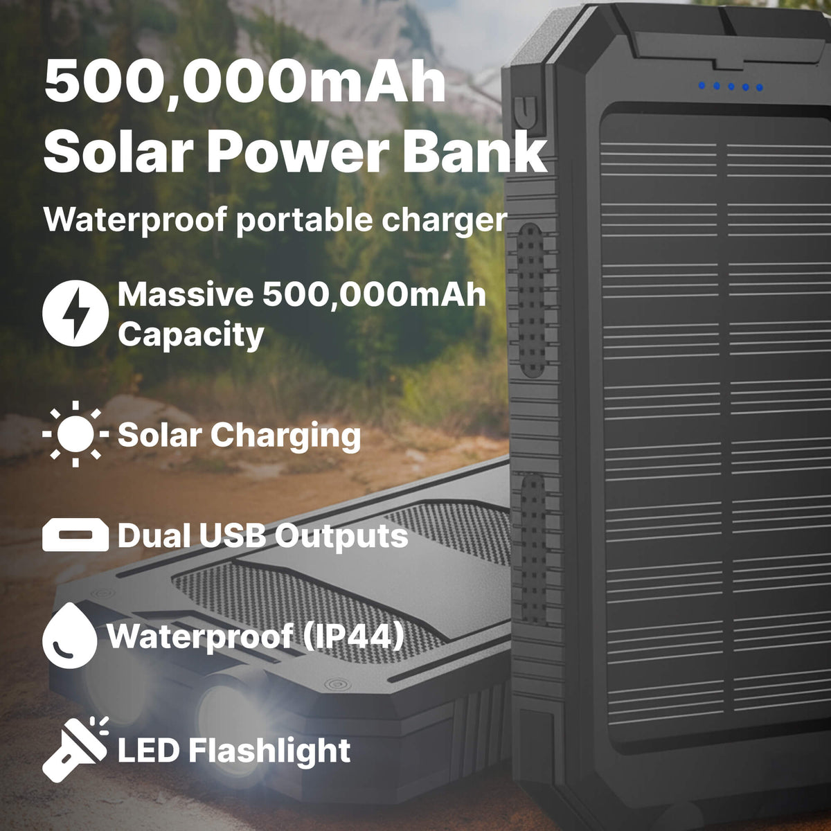 High-Capacity Solar Power Bank 500000mAh Waterproof Battery Pack with Dual USB Ports and LED Flashlight for Outdoor Adventures Emergency | Lonoma