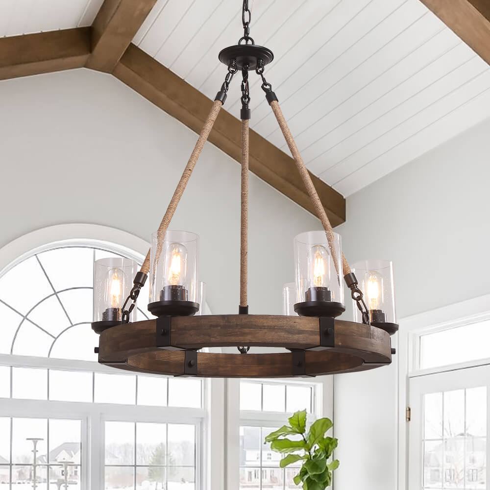 Rustic Wagon Wheel Ceiling Light 6-Arm with Textured Glass Globes for Dining Room Kitchen Farmhouse Living Room Adjustable Chain | Lonoma