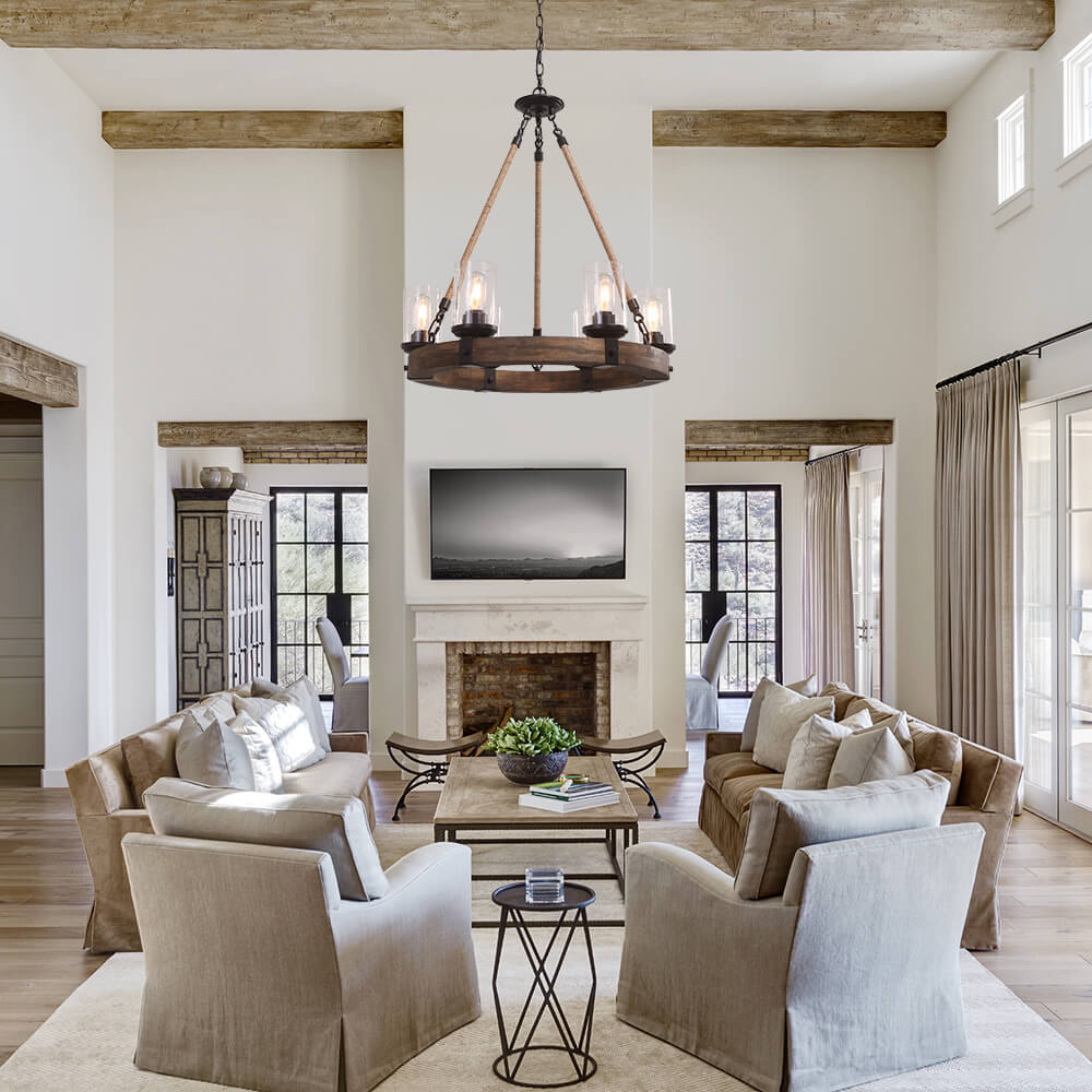 Rustic Wagon Wheel Ceiling Light 6-Arm with Textured Glass Globes for Dining Room Kitchen Farmhouse Living Room Adjustable Chain | Lonoma