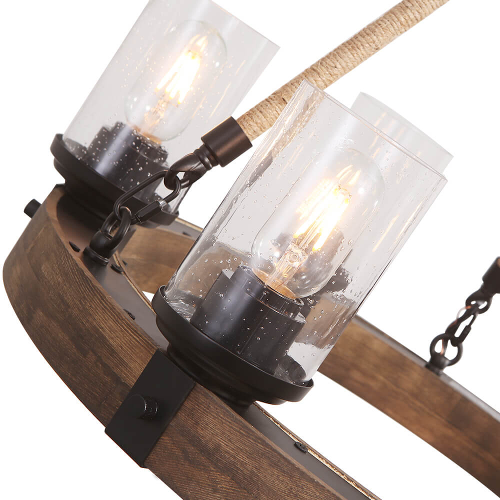 Rustic Wagon Wheel Ceiling Light 6-Arm with Textured Glass Globes for Dining Room Kitchen Farmhouse Living Room Adjustable Chain | Lonoma