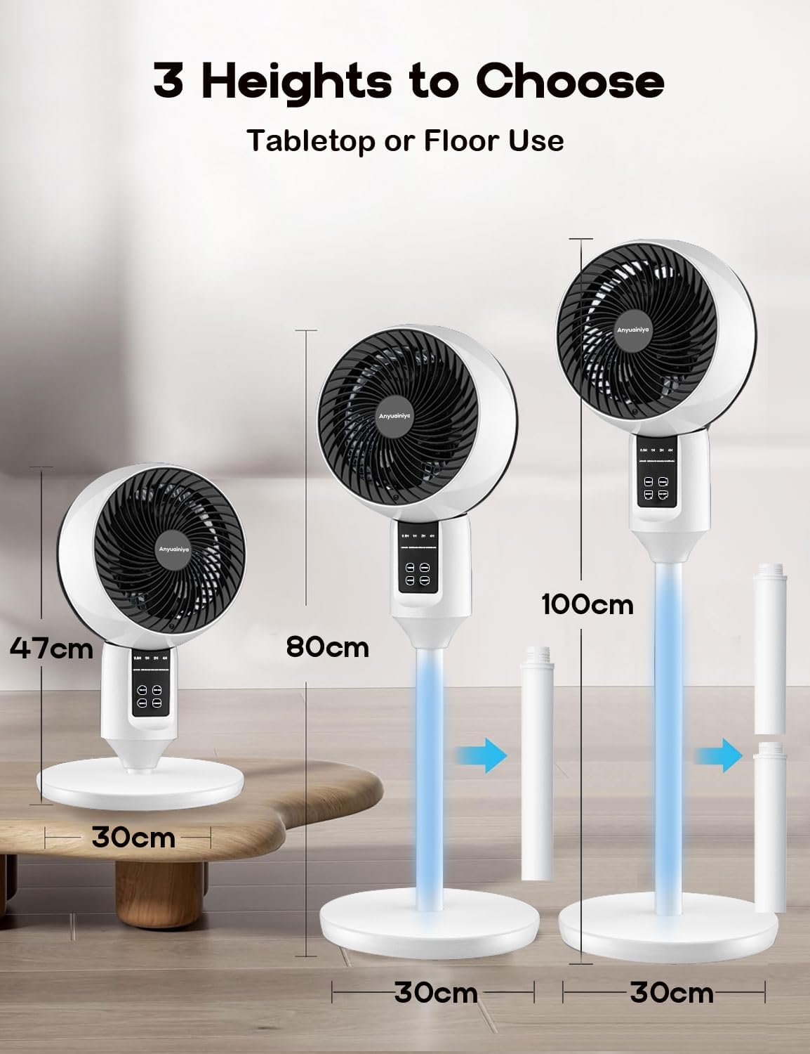 Quiet Pedestal Fan with 3D Oscillation, Adjustable Height 18-39 in, 3 Speeds, Timer, Touch Panel, White Standing Fan for Bedroom & Office | Lonoma