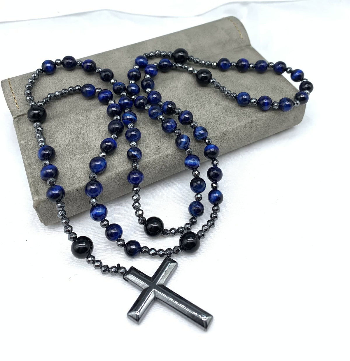 Natural Stone Rosary Necklace with Cross Pendant for Men – Tiger Eye, Lapis Lazuli, Jasper – Adjustable Length Beaded Chain | Lonoma