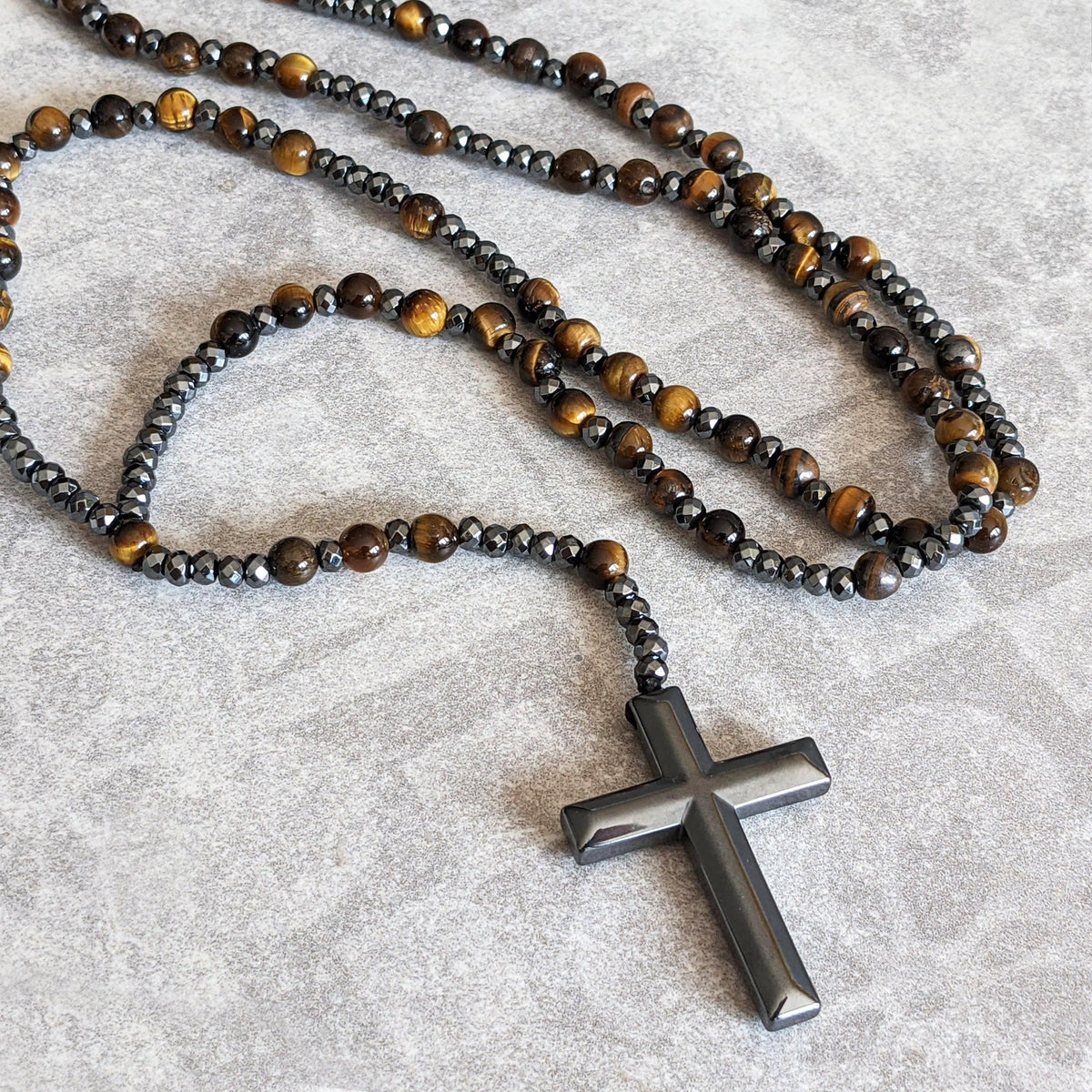 Beaded Stone Necklace for Men with Cross Pendant – Natural Gemstone Jewelry for Everyday Wear, Meditation & Mindfulness | Lonoma