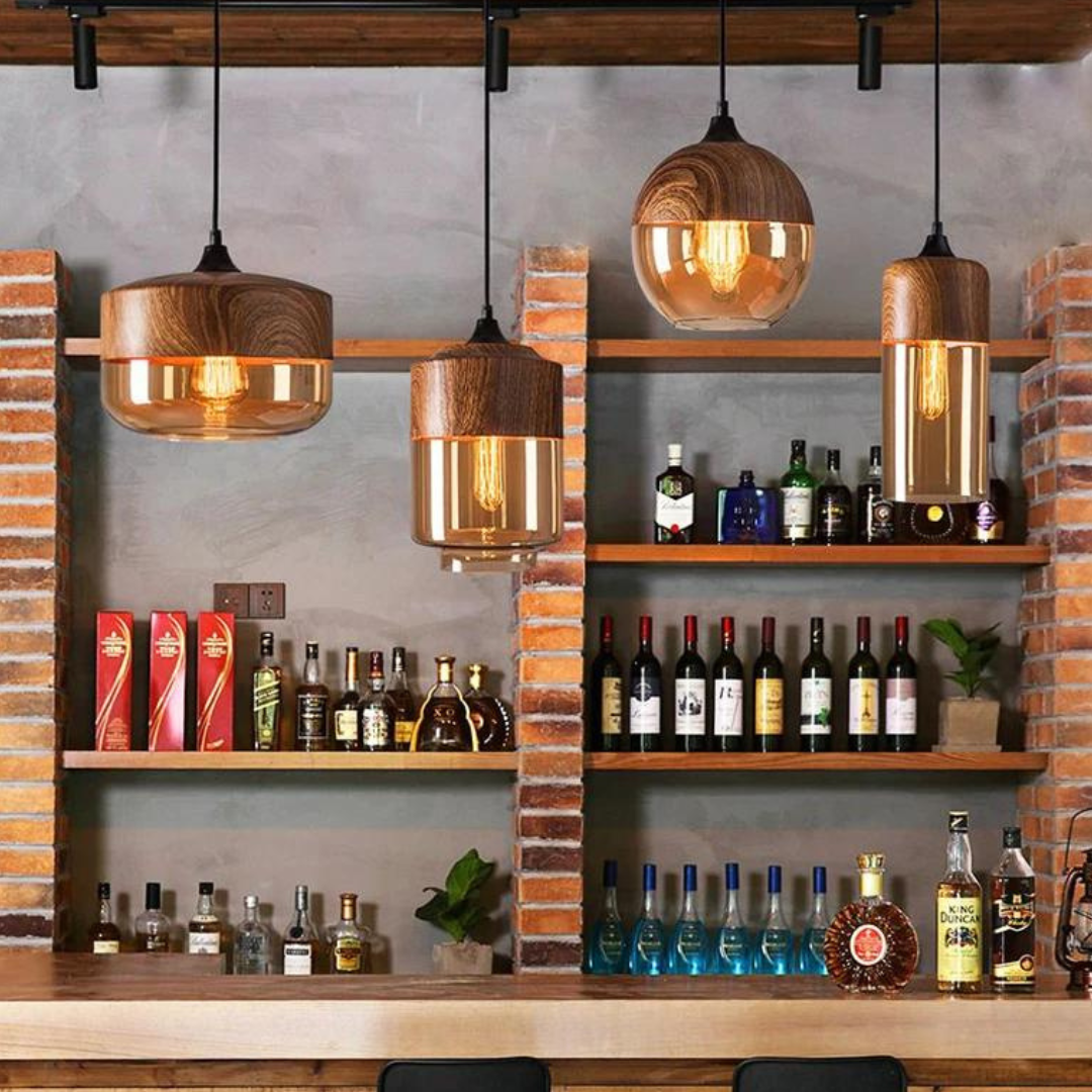 Glass Pendant Light Wood Finish Nordic Hanging Fixture Adjustable Dining Room Kitchen Island Ceiling Lamp E27 Socket | Lonoma