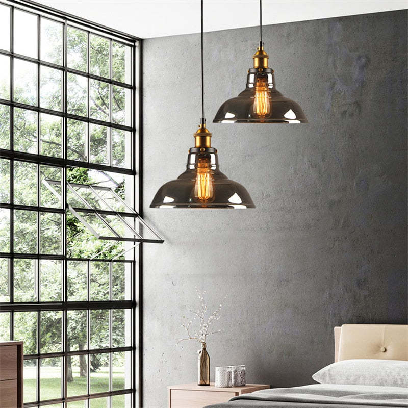 Industrial Glass Shade Hanging Pendant Light Metal Fixture Adjustable Cord Ceiling Lighting for Kitchen Dining Room Bedroom Clear Amber | Lonoma