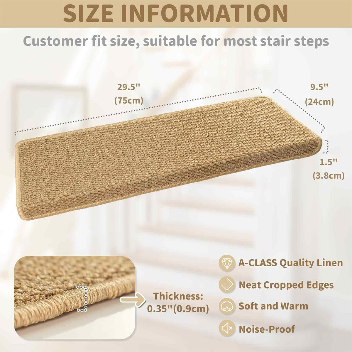 Stair Tread Covers Self-Adhesive Non-Slip Bullnose Step Carpet Pads 14-Pack Beige Cushioned Edge Protection for Wooden Stairs | Lonoma