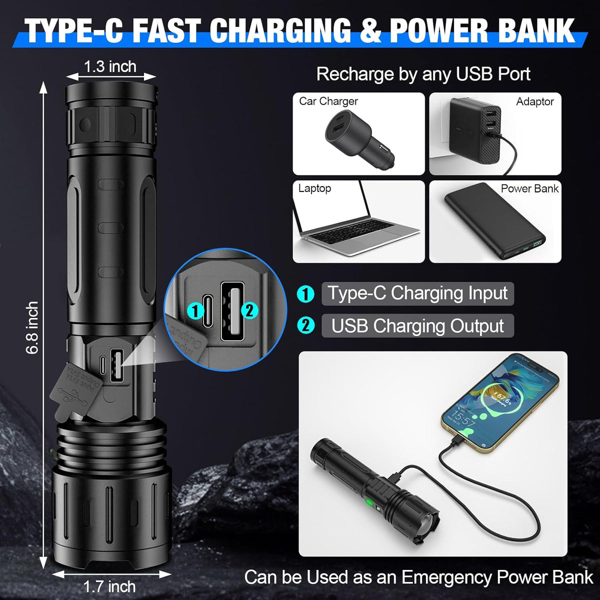 High-Power LED Flashlight 100,000 Lumens Rechargeable with Zoomable Beam & Power Bank for Camping Hiking Emergencies Outdoors | Lonoma