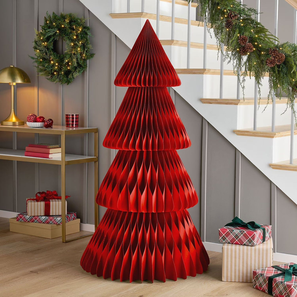 Foldable Paper Honeycomb Tree Centerpiece for Parties & Events – Red, Cream & Green – 12 in or 12 in Tall 3D Tabletop Display | Lonoma
