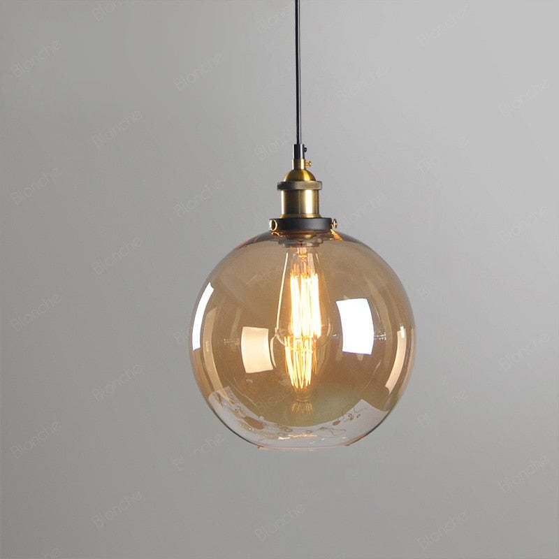 Industrial Glass Shade Hanging Pendant Light Metal Fixture Adjustable Cord Ceiling Lighting for Kitchen Dining Room Bedroom Clear Amber | Lonoma