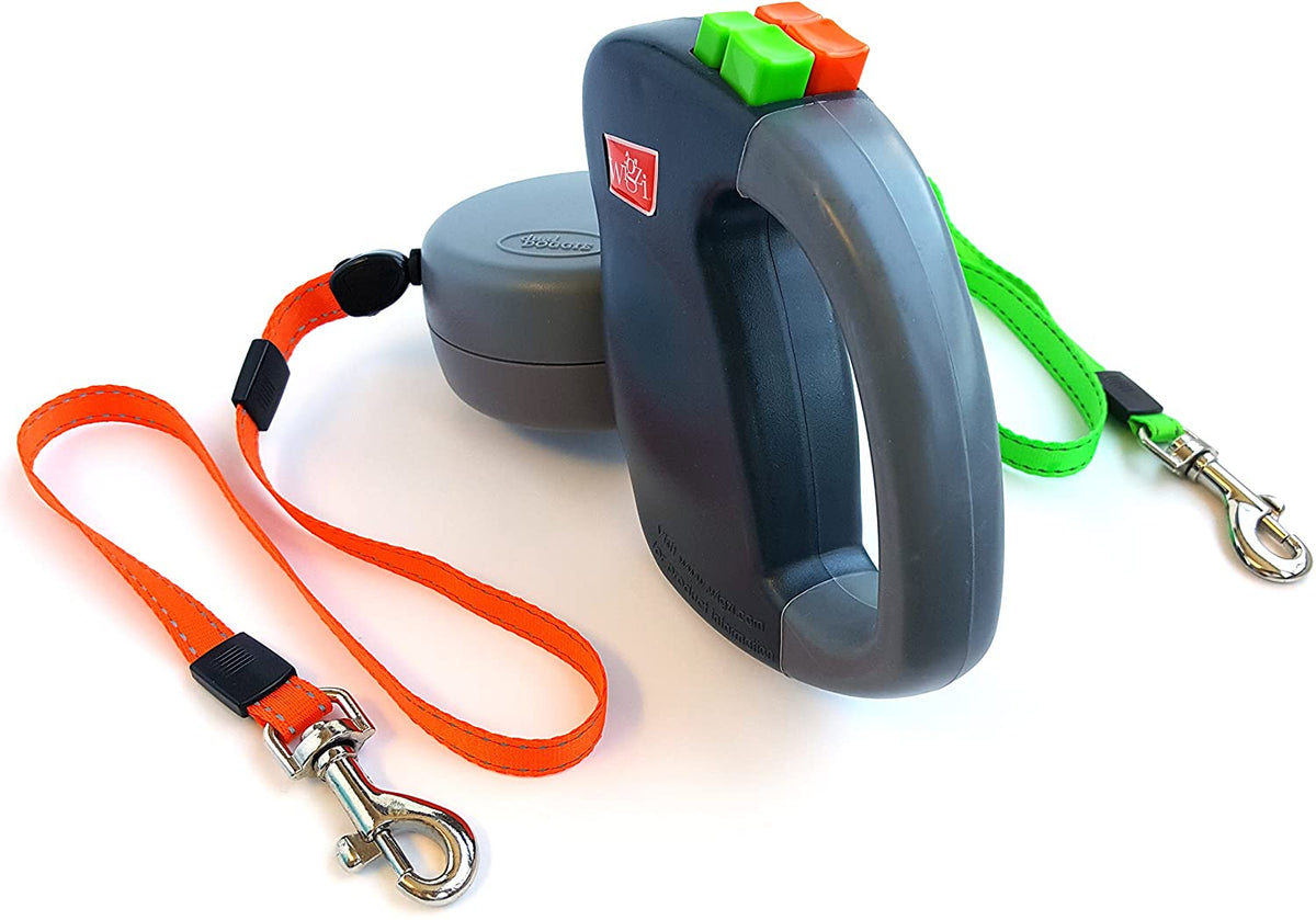 Dual Retractable Dog Leash for Two Dogs, 10 ft Tangle-Free 360° Swivel with Reflective Safety Accents, Independent Locks, Night Walking | Lonoma