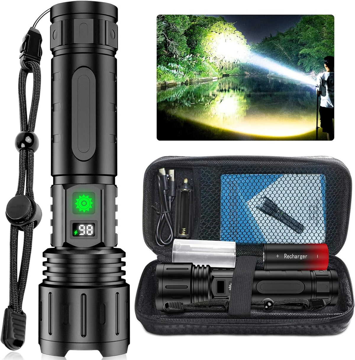 Rechargeable Tactical LED Flashlight with Zoom, Power Bank & USB-C, IPX5 Water-Resistant for Camping, Hiking, Emergency & Power Outage | Lonoma
