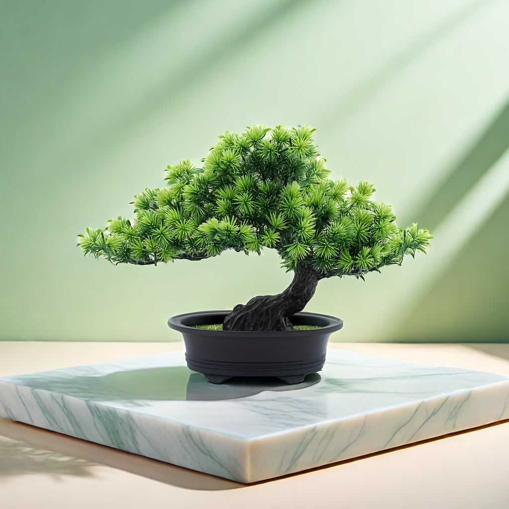 Artificial Bonsai Tree 9.5 Inch Desk Décor with Black Pot | Lifelike Greenery for Home Office Living Room | No Maintenance Faux Plant | Lonoma