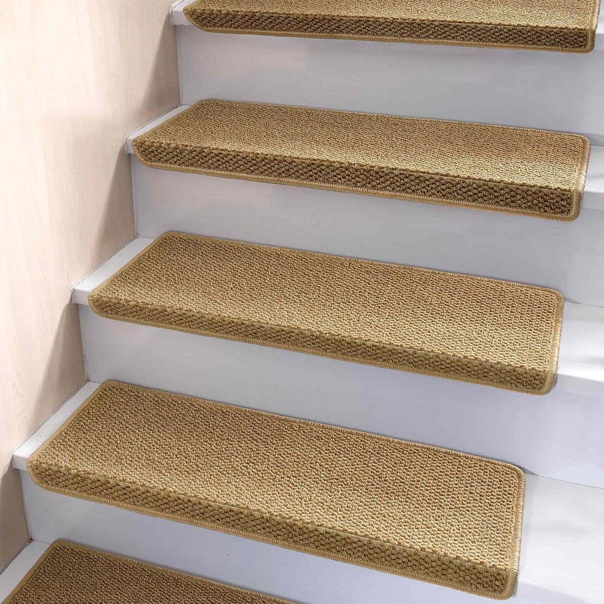 Stair Tread Covers Self-Adhesive Non-Slip Bullnose Step Carpet Pads 14-Pack Beige Cushioned Edge Protection for Wooden Stairs | Lonoma
