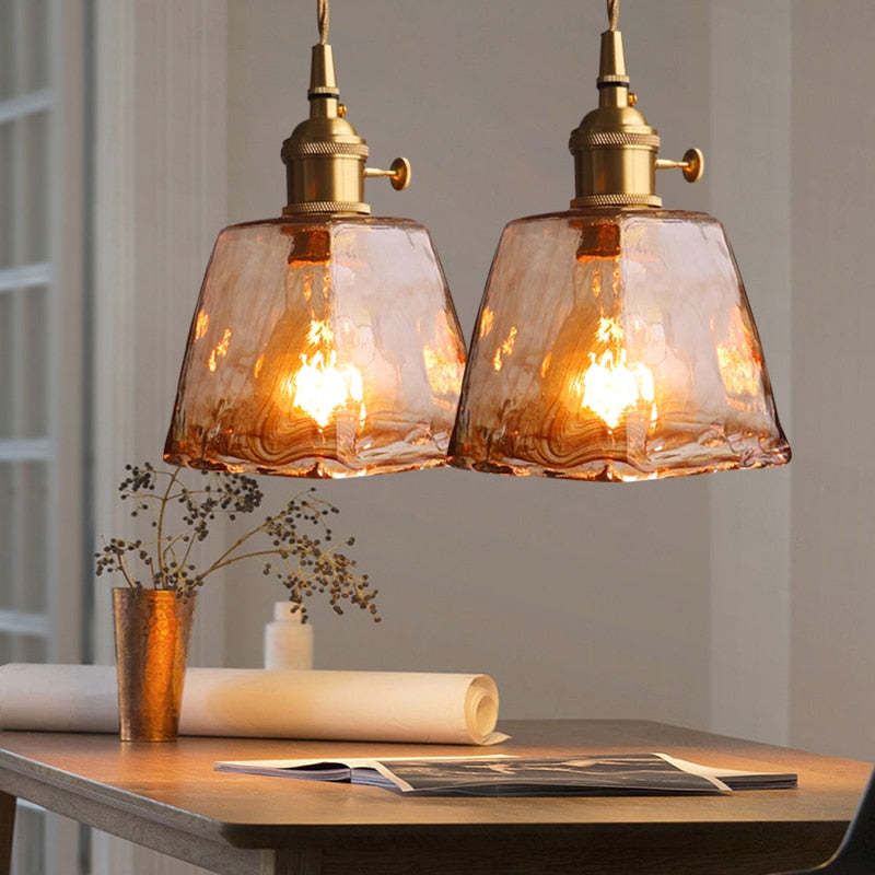 Glass Brass Pendant Light Hanging Ceiling Fixture Metal Shade Warm LED Bulb Included for Dining Room Kitchen Island Living Room Indoor | Lonoma