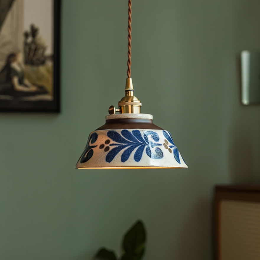 Hand-Painted Ceramic Pendant Light Copper Finish Floral Design E27 Socket for Dining Room Kitchen Bedroom | Lonoma
