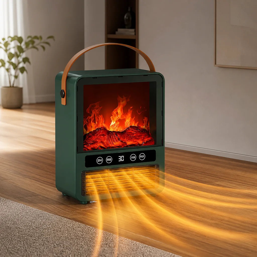 Verwarming - Draagbare keramische PTC-verwarmer met spraakbediening, 3D-vlameffect, geluid van vlammen en automatische uitschakeling bij kantelen.