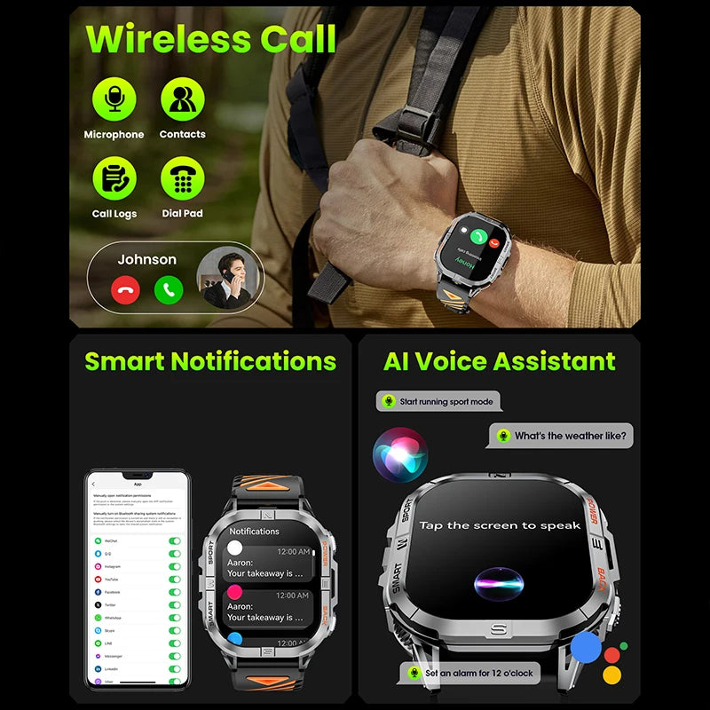 Rugged Outdoor Smartwatch with Built-In GPS Compass Bluetooth Calling 2.13-Inch AMOLED Display 580mAh Battery LED Flashlight Fitness Tracker | Lonoma