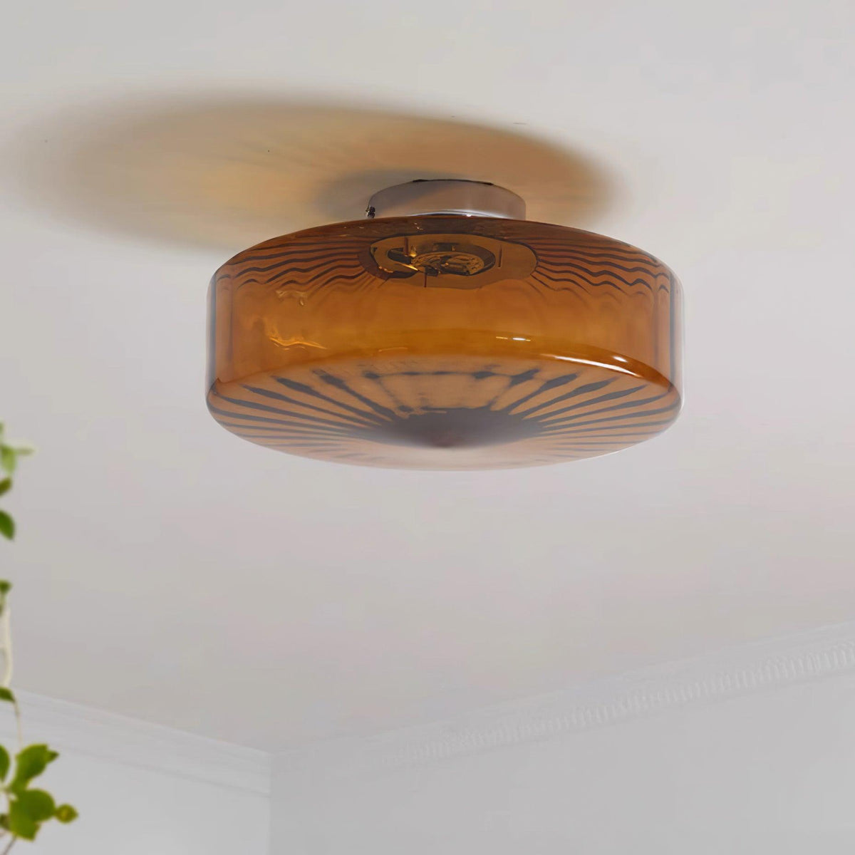 Flush Mount Ceiling Light Amber Glass Shade Vintage Sunburst Pattern for Bedroom Hallway Kitchen Dining Room Hardwired LED Fixture | Lonoma