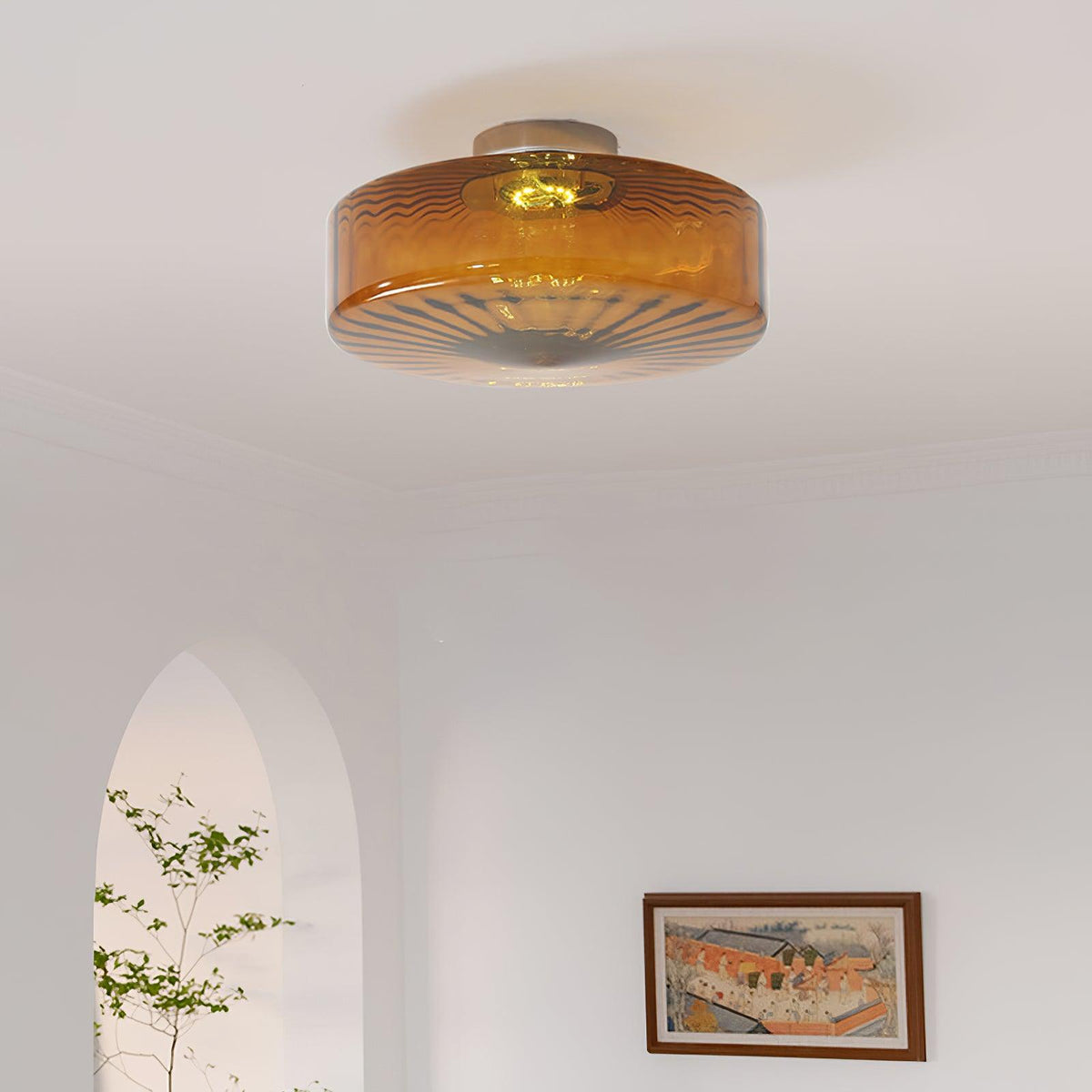 Flush Mount Ceiling Light Amber Glass Shade Vintage Sunburst Pattern for Bedroom Hallway Kitchen Dining Room Hardwired LED Fixture | Lonoma