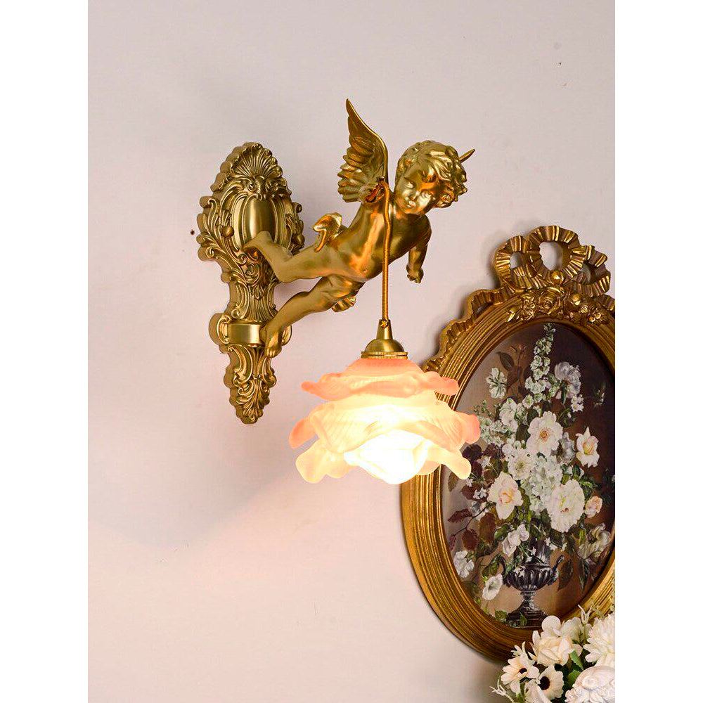 Brass Angel Wing Wall Sconce with Glass Shade – Vintage Art Deco Style Accent Light for Bedroom, Bathroom, Hallway – E12/E14 Decorative | Lonoma