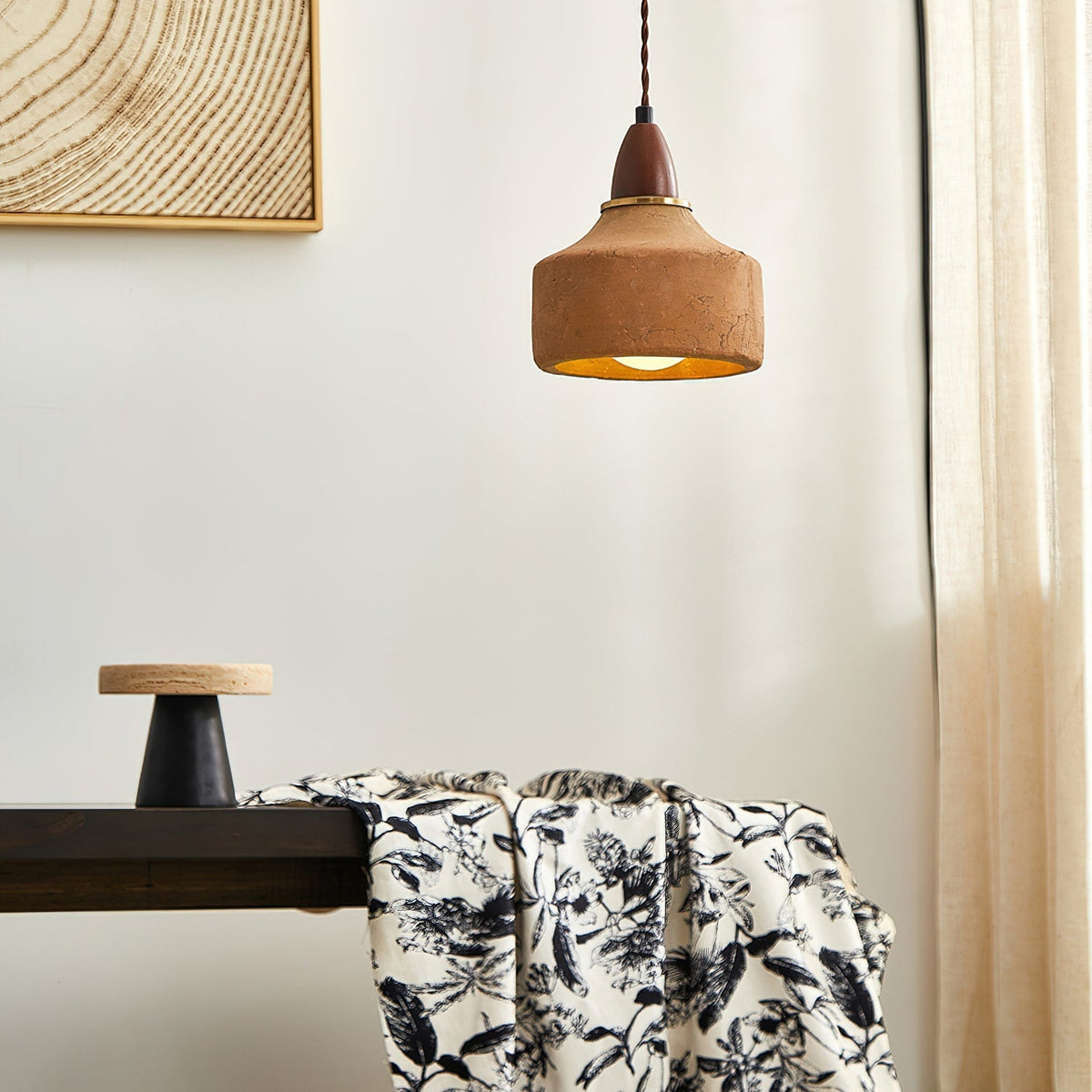 Ceramic and Wood Hanging Pendant Light Fixture G9 Base 6.3 Inch Diameter Modern Ceiling Lamp for Kitchen Island Dining Room Entryway | Lonoma